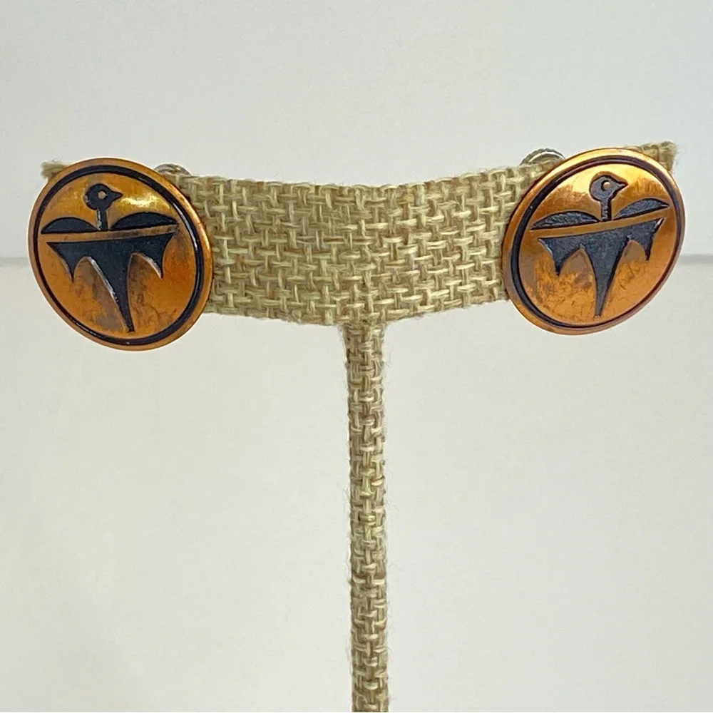Vintage Copper‎ Screw Back Earrings Bird Design Round Disc